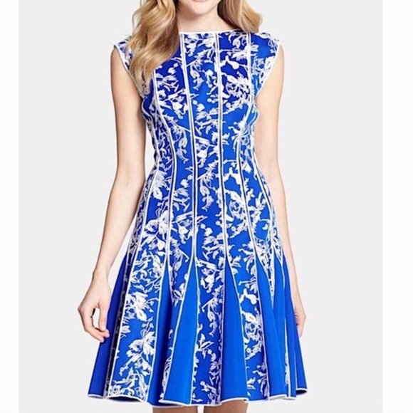 Tadashi Shoji Fit Flare Embroidered Dress Neoprene Royal Blue White Size Small - Picture 3 of 16